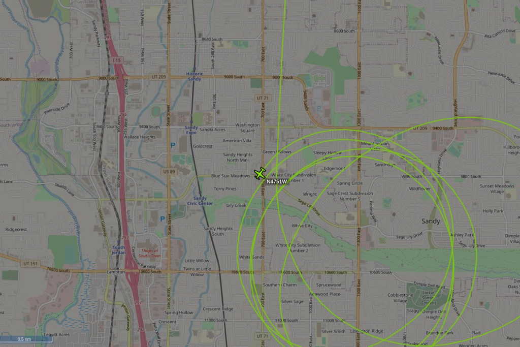 A map showing N4751W, A DEA-associated Cessna 208-B circling the Salt Lake Valley, possibly armed with a Stingray.